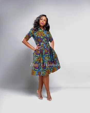Bluish Ankara Collar Shirt Dress