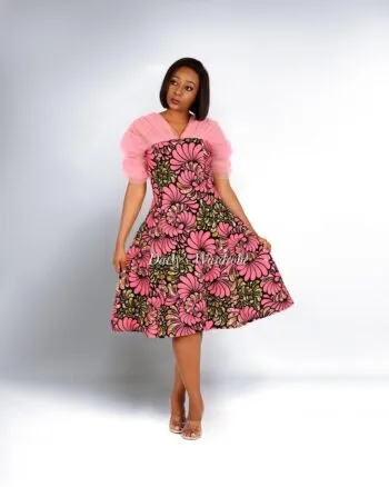 Daisy's Wardrobe Eleganza Pink Floral Ready to Wear Ankara Midi dress for women